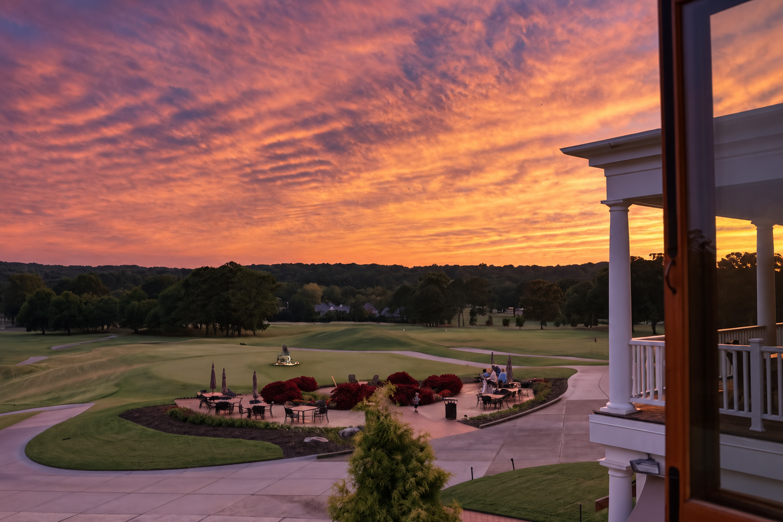 Golf club terrace at sunset